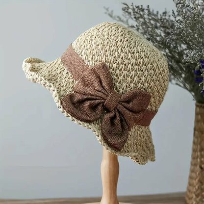 Chapéu de palha com laço retro – Dobrável e respirável para o verão
