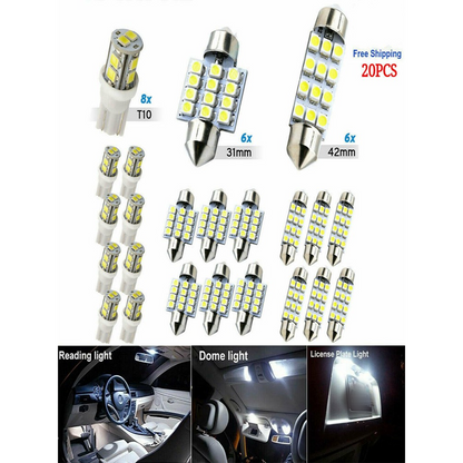 🚗Kit de Iluminação LED para Automóvel com 20 Peças: Inclui luzes de teto, luzes de estacionamento T10, luzes de leitura com ponta dupla, luzes de matrícula e luzes interiores.