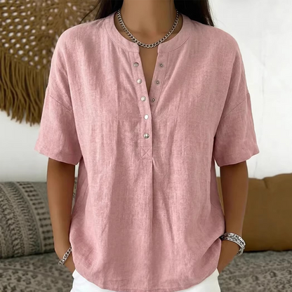 💖 Blusa de mulher casual larga em algodão e linho com gola abotoada e cor sólida