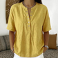 💖 Blusa de mulher casual larga em algodão e linho com gola abotoada e cor sólida