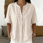 💖 Blusa de mulher casual larga em algodão e linho com gola abotoada e cor sólida