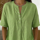 💖 Blusa de mulher casual larga em algodão e linho com gola abotoada e cor sólida