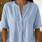 💖 Blusa de mulher casual larga em algodão e linho com gola abotoada e cor sólida