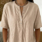 💖 Blusa de mulher casual larga em algodão e linho com gola abotoada e cor sólida