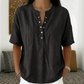 💖 Blusa de mulher casual larga em algodão e linho com gola abotoada e cor sólida