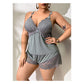 Conjunto de pijama feminino com camisola e calções com acabamentos em renda