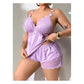 Conjunto de pijama feminino com camisola e calções com acabamentos em renda