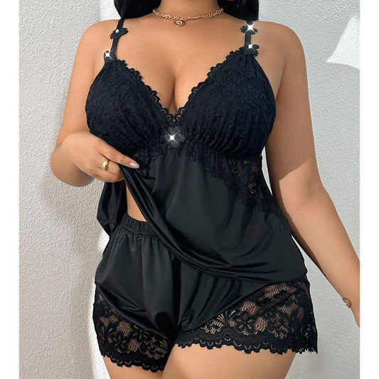 Conjunto de pijama feminino com camisola e calções com acabamentos em renda