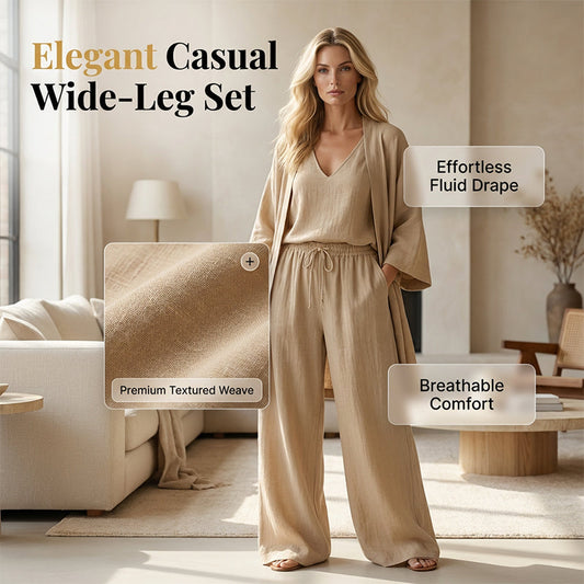 ⏳Promoção por tempo limitado⏰Conjunto elegante de 3 peças – Calças largas, top interior e casaco de malha para um look chique e descontraído 👚👖✨