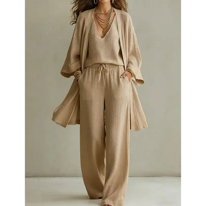 ⏳Promoção por tempo limitado⏰Conjunto elegante de 3 peças – Calças largas, top interior e casaco de malha para um look chique e descontraído 👚👖✨