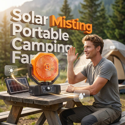 🌞 Ventilador portátil solar com nebulização para acampamento – Refresque-se em qualquer lugar, sem precisar de eletricidade! ⛺💨 Nebulização refrescante + ampla oscilação + controlo remoto – o seu melhor companheiro para o conforto ao ar livre. 🔋🌀