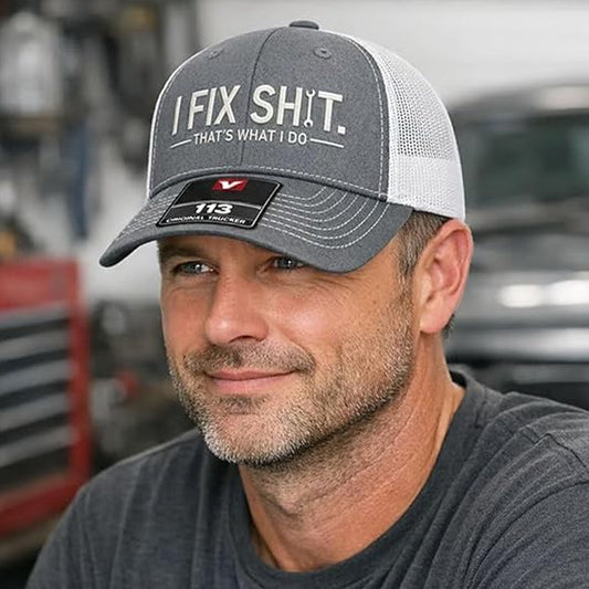🧢Novidade 2026😎Boné de camionista com parte traseira em malha e bordado «I Fix Shit» – Chapéu de sol respirável para atividades ao ar livre🧢☀️