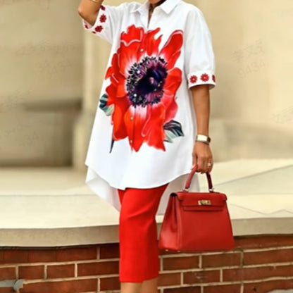 Conjunto de duas peças com estampado floral para mulher | Top oversized elegante + calças curtas, pronto para as férias! 🌸✨