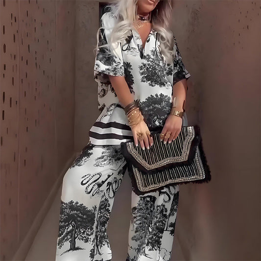 👚40% DE DESCONTO AGORA! 🌸 Conjunto casual feminino com estampado e decote em V – Suave e respirável – Top com decote em V e calças compridas 🍃