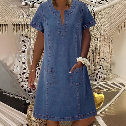👗✨ OFERTA LIMITADA -50%! Vestido de ganga para mulher – Gola em V, mangas curtas, corte descontraído, vários tamanhos