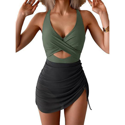 Fato de banho de uma peça com corte cruzado e blocos de cor para mulher