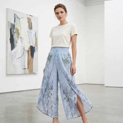 Calças de cintura alta com pernas largas e padrão floral para mulher