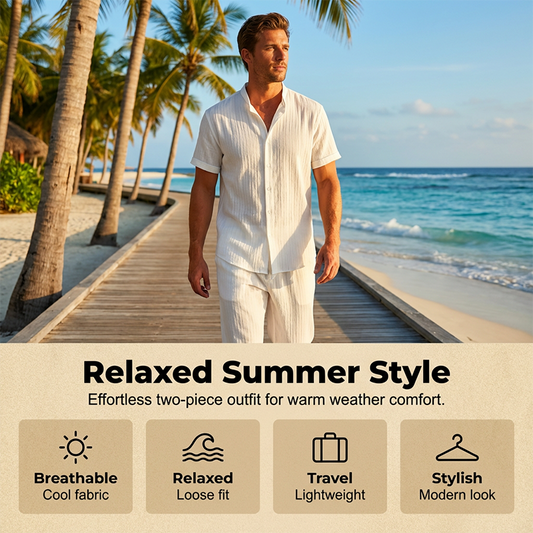 👔 OFERTA POR TEMPO LIMITADO: 50% DESCONTO! ✨ Conjunto de homem texturado de duas peças – camisa e calças, respirável e coordenado 🧳