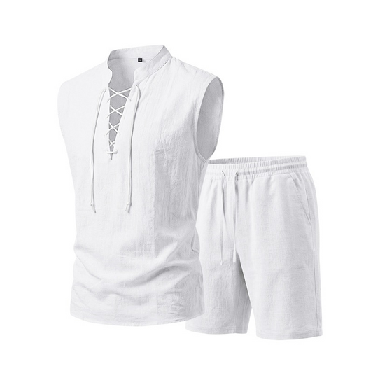 🧵 50% DE DESCONTO POR TEMPO LIMITADO! ✨ Conjunto masculino sem mangas de linho – camiseta e shorts com cordão, 7 cores ☀️