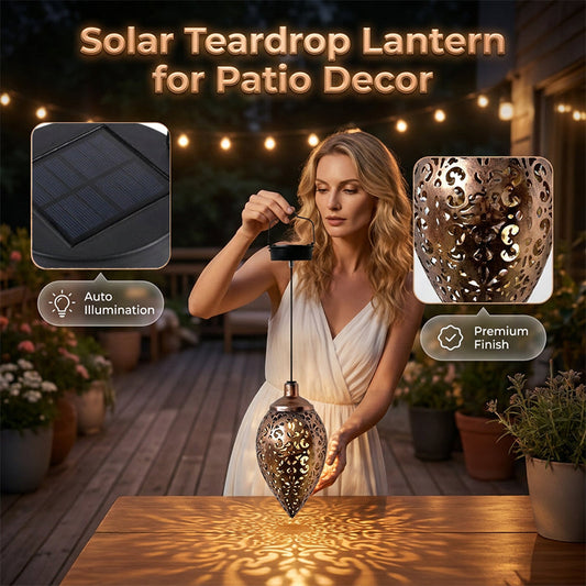Lanterna em forma de lágrima alimentada a energia solar para decoração de jardim