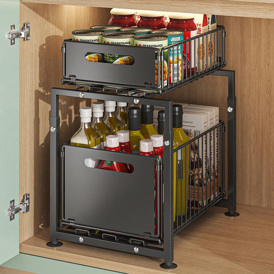 💪🥫 Oferta Relâmpago por Tempo Limitado: 50% de Desconto! Organizador de Armário Deslizante de Dois Níveis — Regulação em altura em 5 níveis, design deslizante, estrutura em aço carbono, capacidade extra grande — Não necessita de montagem ✨
