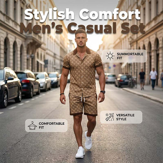 👕 57% DE DESCONTO 🌞 Conjunto de verão de 2 peças com estampado para homem – T-shirt e calções a condizer – Leve, respirável e com corte descontraído – perfeito para a praia, as férias ou os dias quentes 🩳