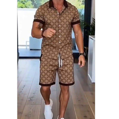 👕 57% DE DESCONTO 🌞 Conjunto de verão de 2 peças com estampado para homem – T-shirt e calções a condizer – Leve, respirável e com corte descontraído – perfeito para a praia, as férias ou os dias quentes 🩳