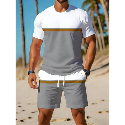 🏖️👕 Conjunto desportivo de verão para homem com blocos de cor – Conjunto de 2 peças composto por uma t-shirt desportiva respirável e calções com cordã