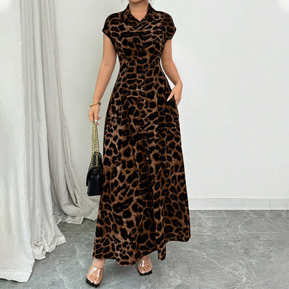 👗🐆Vestido feminino elegante com padrão leopardo e lapela✨