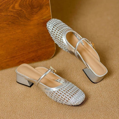 Sandálias femininas tipo mules Mary Jane com tecido perfurado, salto baixo e calçado sem atacadores