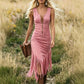 👗50% DE DESCONTO POR TEMPO LIMITADO! Vestido midi justo sem mangas estilo country retro, com fecho frontal e bainha com franjas. Vestido vintage com aspeto de camurça, perfeito para concertos country e férias.