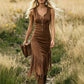 👗50% DE DESCONTO POR TEMPO LIMITADO! Vestido midi justo sem mangas estilo country retro, com fecho frontal e bainha com franjas. Vestido vintage com aspeto de camurça, perfeito para concertos country e férias.