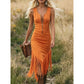 👗50% DE DESCONTO POR TEMPO LIMITADO! Vestido midi justo sem mangas estilo country retro, com fecho frontal e bainha com franjas. Vestido vintage com aspeto de camurça, perfeito para concertos country e férias.
