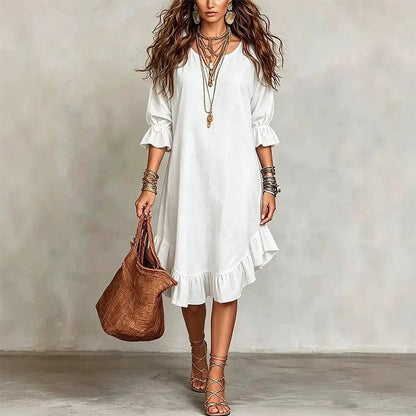 👗 Vestido fluído com decote em V, bainha com folhos e mangas em sino – Estilo leve e arejado para os dias de sol