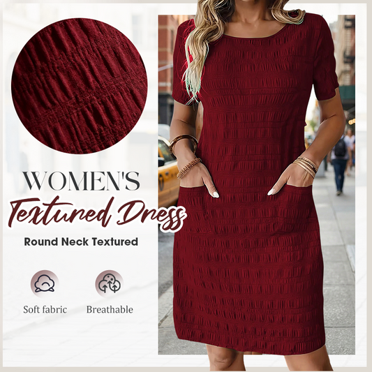 ⌛Oferta por tempo limitado - Vestido texturizado para mulher com gola redonda e comprimento até ao joelho