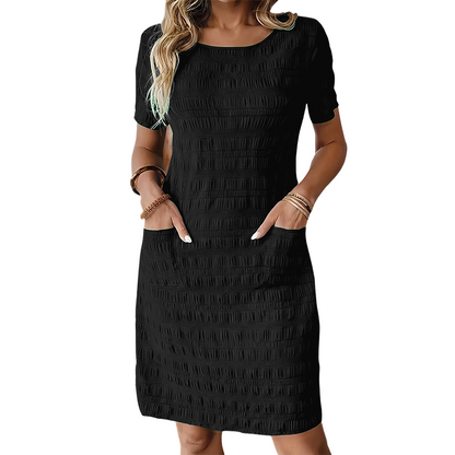 ⌛Oferta por tempo limitado - Vestido texturizado para mulher com gola redonda e comprimento até ao joelho