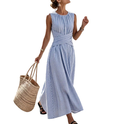 ⏳Por tempo limitado, 50% de desconto⏰Vestido comprido casual às riscas para mulher sem mangas🎀👗
