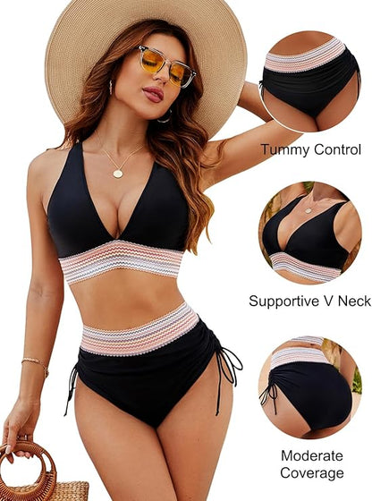 ✨Nova Chegada✨👙Conjuntos de biquíni de cintura alta com controle da barriga e bloco de cores