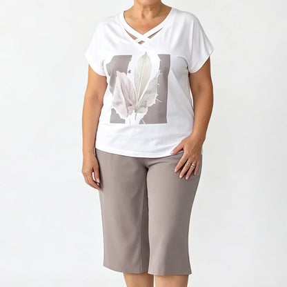 🎉 POR TEMPO LIMITADO, 50% DE DESCONTO! 🌸 Conjunto casual de duas peças para mulher: t-shirt com decote em V e calças cropped – Modelagem descontraída e tecido premium que não irrita a pele ✨