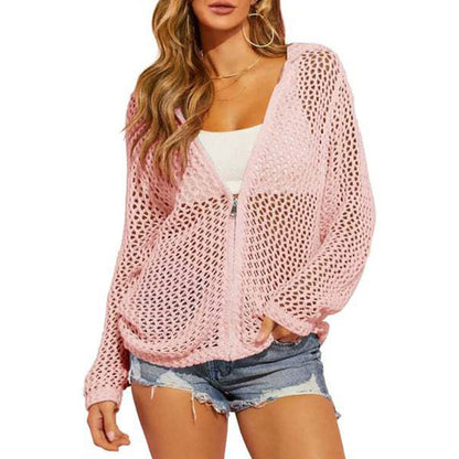 💟Cardigã de senhora de malha aberta com fecho, coleção 2026 | Camisola leve de manga comprida com recortes, perfeita para a primavera e verão