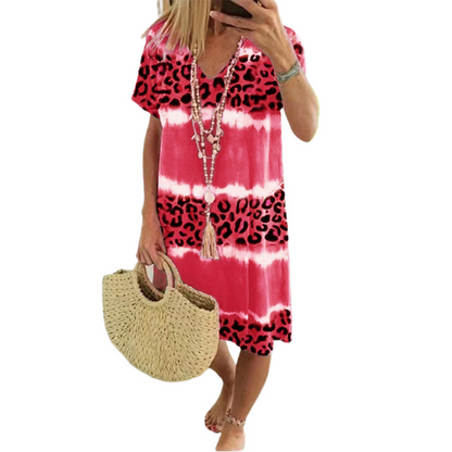 Vestido casual para mulher com estampado tie-dye leopardo e decote em V