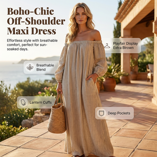 Vestido comprido para mulher com ombros à mostra e mangas abalonadas