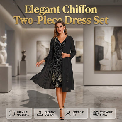 💃✨ Elegante Conjunto de Vestido Chiffon 2 Peças – Vestido + Cardigan Fluido para Eventos e Ocasiões Especiais