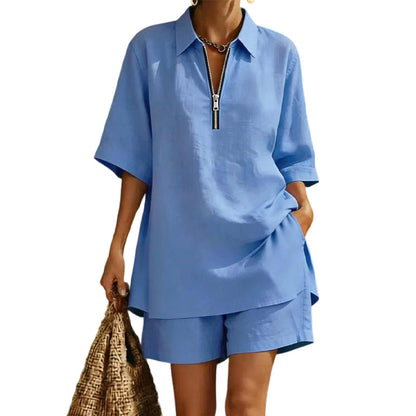 Novidade! ✨🌸 Conjunto a condizer de blusa de manga curta e calções com bolsos – Conforto e elegância para o dia a dia