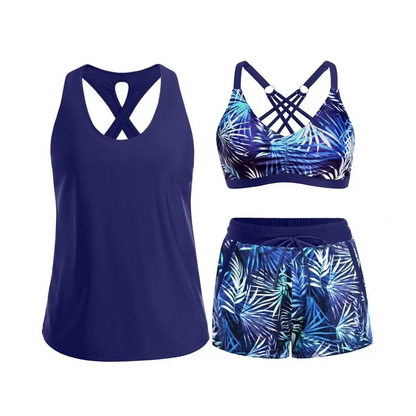 🌸🌸Conjunto de biquíni tankini de 3 peças para mulher com calções.