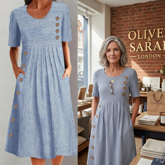 🎉🛍️Promoção imperdível: 50% de desconto💃Vestido midi clássico às riscas