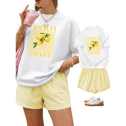 Conjunto de verão para menina com t-shirt estampada com limões e calções listrados
