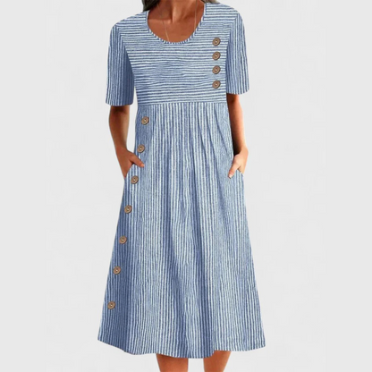 🎉🛍️Promoção imperdível: 50% de desconto💃Vestido midi clássico às riscas