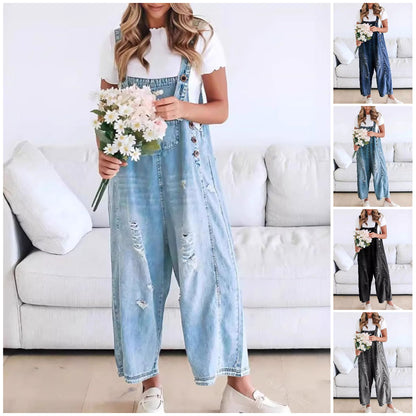 🔥Promoção por tempo limitado: 50% de desconto💕Macacão casual para mulher com botões e detalhes em ganga rasgada