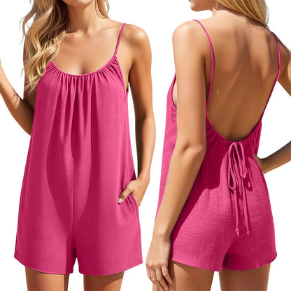 👗☀️ Macacão de verão feminino sem costas – Tecido leve, alças ajustáveis e corte solto ✨